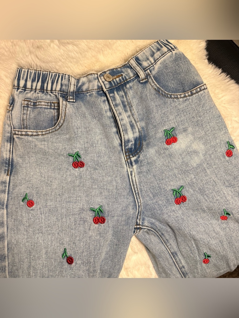 SHEIN Girl’s Cherry Print Denim Jeans, Size 12Y
